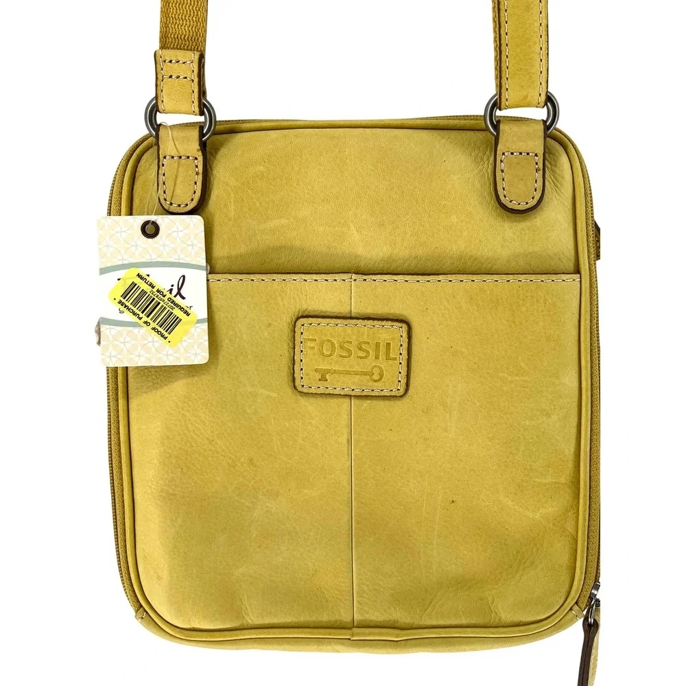 Fossil Leather Crossbody Bag Womens Yellow Adjustable Strap Travel Purse Y2K